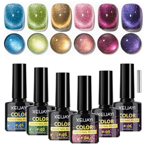 LOPHE UV Nagellack, 6 x 8ml Nagellack Cat Eye Gel mit Magnet, Cateye UV Gel Nail Polish, 6 Farben Set für Nagelstudio, DIY Home, Hochzeit, Dating, Party