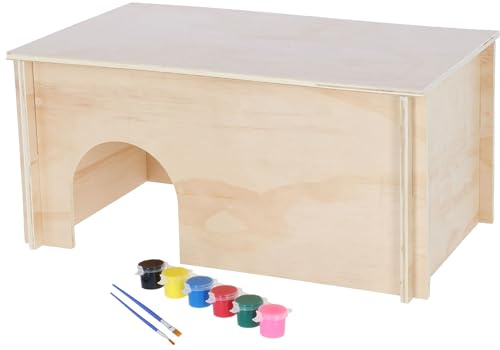 Kerbl Pet Casa dei roditori da dipingere con 2 ingressi/uscite sfalsati, casetta per piccoli animali, colorata, 50x29x24cm, legno, conigli, roditori, tetto rimovibile