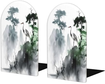 Mexpekil Book Ends Chinese Crane Landscape Painting Wood Bookends For Shelves Non-Slip Bookends Support 2 Pcs Heavy Duty Book Stopper Holder For Office Library School Kids Room