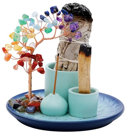 5 in 1 Incense Burner Holder with Crystal Tree for Burning Palo Santo Stick, Sage, Incense Sticks, Candle, Ceramic Tray Ash Catcher, Meditation Gift (Sky-Blue)