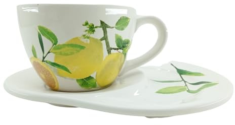 Genérico Tazón Grande de Café con Plato, Diseño de Limones y Hojas, Porcelana Blanca