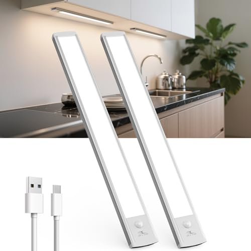 TANSOOL+ Luz LED Armario con Sensor de Movimiento, 2200mAh Luces LED Cocina USB Recargable Magnética, Luz Sensor Movimiento Interior para Armario, Escalera, Cocina (40cm, 2 Piezas)