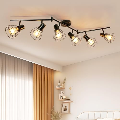 Unikcst Deckenstrahler 6 Flammig E27 Deckenleuchte Wohnzimmer | Schwarz Metall, Deckenlampe Vintage, Schwenkbar 350°, mit Lochmuster-Schirm, für Wohn Gewerbe Flur, Ohne Leuchtmittel