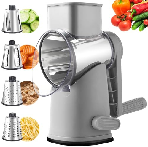 Weltonhm Rotary Cheese Graters with 4 Blades, Large Hand Crank Cheese Grater with Waffle Slicer, Grey Cheese Shredder with Suction Base, Easier for Shredding & Grating (Grey, 4 Graters)