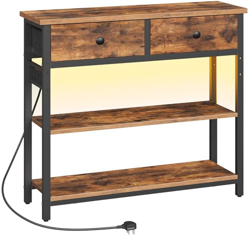 HOOBRO Console Table with Charging Station, 2 Drawers and LED Light, Narrow Hallway Table, Sofa Side Table, Display Stand, Slim Console Table for Hallway, Living Room, Rustic Brown EBF91KDXG01