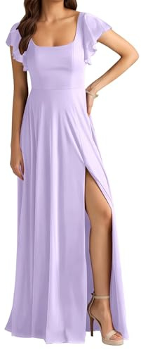 Vestido de dama de honor de gasa para mujer con mangas y cuello redondo, vestido formal largo de dama de honor, Lila, 40