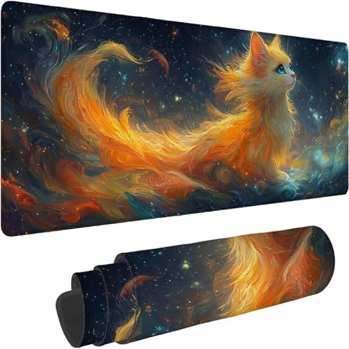Tapis de Souris 1400 x 700 x 3mm, Grand sous Main Bureau Noir avec Base en Caoutchouc Antidérapant Surface Étanche Bords Cousus Tapis de Souris Gamer pour PC, Laser Optique Bureau Gamer Chat xn-269