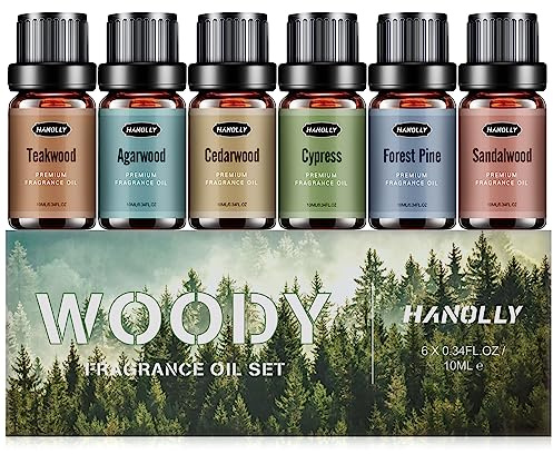 HANOLLY Eteriska Oljor Trä 6 x 10ML, Set med Naturliga Eteriska Oljor för Diffusor Aromaterapi, Tvål, Ljus, Spa -Teakträ, Cederträ, Cypress, Skogstall, Sandelträ, Oud