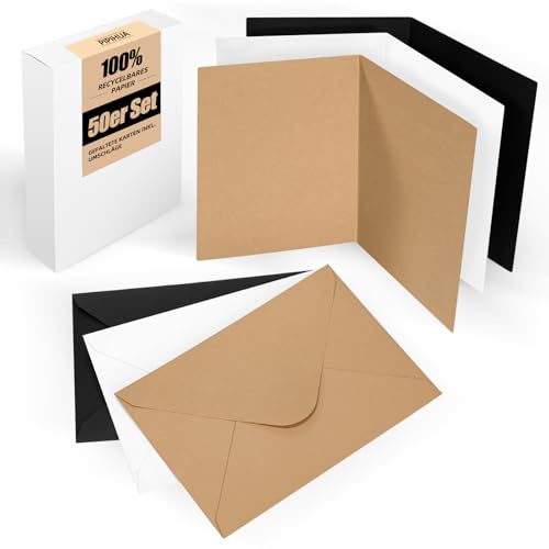 Set da 50 biglietti pieghevoli bianchi con busta: biglietti pieghevoli da personalizzare, scrivere o stampare per carta di auguri, cartoline e carta fatti a mano - DIN A6/C6, Bianco Marrone Nero