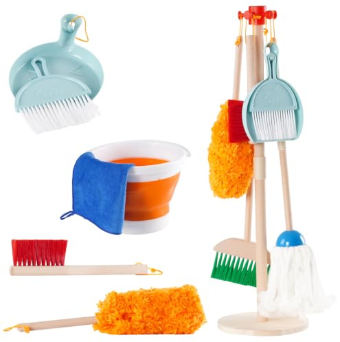 Juego de Escoba para Niños,9 Piezas Juguete para el Hogar Juego de Simulación con Escoba Trapeador Cubo Recogedor Cepillos Trapo Escoba de Mano Juguete de Limpieza para Niñas Niños de 3 Años