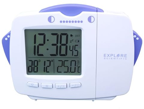 Explore Scientific orologio da viaggio,proiezione dell'ora orientabile 180° | Radiocontrollato con schermo LCD da 2,6, ora, data, temperatura e giorni della settimana, per uso domestico, multilingua