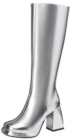 Gicoiz Donna Warm Al Ginocchio Tacco Chunky Stivali Plateau Punta Quadrata Moda Plateau Largo Fit Sposa Eleganti Boot Riding Argento Numero 38 EU-39Cn