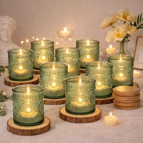 Vintage Candle Jars Set of 10 Green Glass Jars with Lids Natural Wood Bases Embossed Sunflower Devi Candle Holders for Wedding Decor Holiday Decor DIY Candle Making Tealights Vases Home Decor