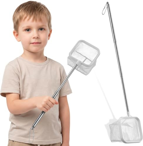 DIYEAH Telescopic Stainless Steel Pond Dipping Net with Detachable Fine Mesh, White Landing Net for Aquarium and Kayak Fishing