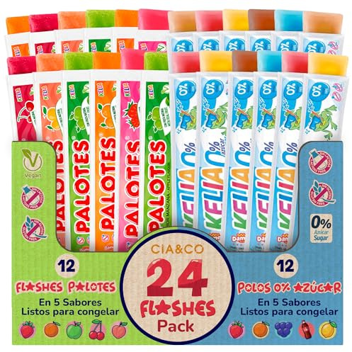 24 Polos para Congelar | 12 Flashes Palotes + 12 Flashes 0% Azúcar | Polos Flash de Hielo Sabor Fresa para Niños y Adultos | Flash Verano Sin Gluten y Veganos Selección Cia&Co