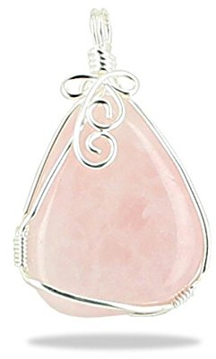 Ciondolo in pietra naturale piatta Wire Wrapping argento 925, finitura volute, quarzo rosa