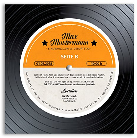 (30 x) Einladungskarten Geburtstag Schallplatte Musik Scheibe Vinyl LP Einladungen