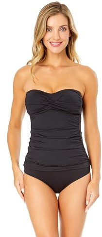 Anne Cole Women's Solid Twist Front Shirred Bandeau Tankini Swim Top, Black I, X-Large