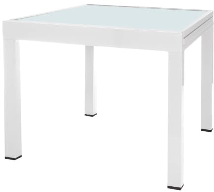 LOLAhome Mesa de Comedor Extensible para jardín Thais, Blanca de 80x80 cm Extensible 160 cm, de Aluminio y Cristal Serigrafiado, Tratamiento Anticorrosión, Elegante y Duradera, para 6 Personas