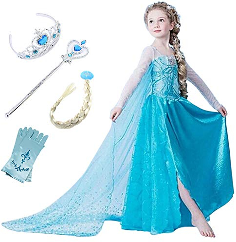 Monissy Prinzessin Kostüm Mädchen Eiskönigin ELSA Kleid Blau Märchen Cosplay Kostüm Kinder Eisprinzessin Krone Zauberstab Handschuhe Zopf Umhang für Karneval Party Weihnachten Halloween Fasching 110