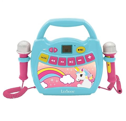 Lexibook Einhorn - Mein erster Karaoke-Musikplayer mit Mikrofonen, kabellos, Aufnahme- und Stimmwechselfunktionen, für Kinder, blau/rosa, MP300UNIZ