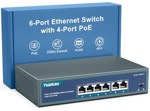 YuanLey 4-Port-PoE-Switch mit 2 Ethernet-Uplinks, 4 PoE+ 100Mbps-Ports, 78W 802.3af/at, Erweiterungsfunktion, One-Key-VLAN, Metallgehäuse, Desktop- & Wandmontage, Unmanaged, Plug-and-Play