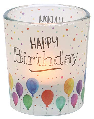 Windlichtglas mit Motiv auf Einer transparenten Banderole, inkl. 1 Teelicht, H/Ø: 6,5 x 6 cm, Motiv: Happy Birthday.