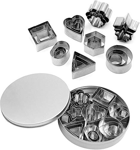 DUBENS Set di 24 tagliabiscotti a forma di cuore, a forma di stella, a forma di cuore, esagonale, triangolo, rotondo, ovale, in acciaio inox, per bambini