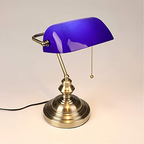 WRMING Lampe de Banquier Verte Vintage, Lampe de Bureau Antique Traditionnelle avec Interrupteur, Lampe de Table Chambre, Abat-Jour en Verre Ajustable, Finition en Bronze, E27,Bleu