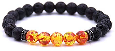 Naturstein Armband,7 Chakra Naturstein Armband Für Frauen Lavastein Bernstein Mit Zwei Schwarzen Spacer Naturstein Perlen Edelstein Yoga Armbänder Elegantes Geschenk