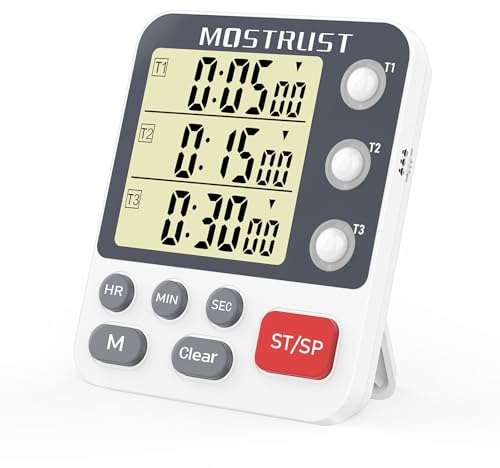 MOSTRUST Digitaler Dual-Küchen-Timer, 3 Kanäle Count UP/Down Timer, Kochtimer, großes Display Triple Timer, Ständer, Batterie im Lieferumfang enthalten (M318)