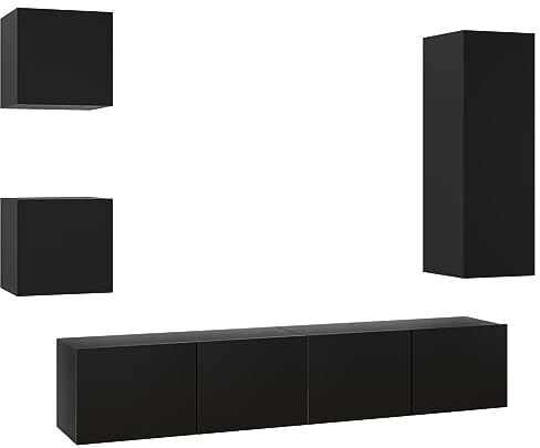 vidaXL TV Schrank Set 5-TLG. Wohnwand Schrankwand Anbauwand Hängeschrank TV Möbel Wandschrank HiFi-Schrank Fernsehschrank Lowboard Schwarz Holzwerkstoff