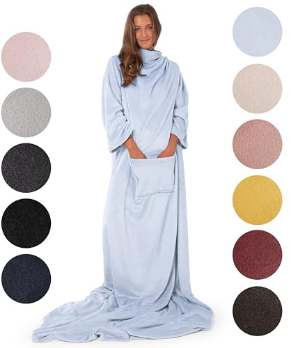 Blumtal Coperta Indossabile con Maniche, Coperta in Pile Indossabile con Tasche, Coperta con Maniche per Bambini, 90x105cm, Blu Pastello