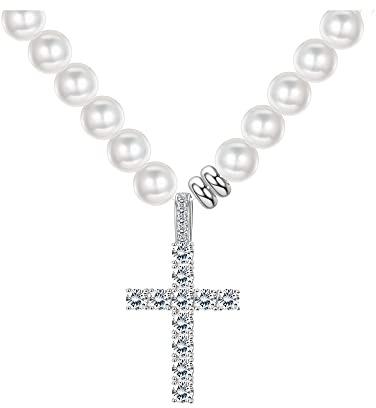 Krfy Perlenkette für Männer Damen Choker Halskette mit Cubic Zirkonia Kreuz Anhänger Verlängern Verschluss Einfach zu Tragen Täglichen Schmuck
