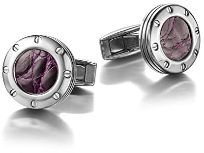 Colibri Daytona-Manschettenknöpfe für Herren – Designer-Manschettenknöpfe mit Violettem Echtleder-Einlage – Drehbarer Walschwanzverschluss – Polierter Edelstahl – Geschenkbox
