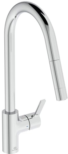 Ideal Standard – Gusto Küchenarmatur, Hoher Auslauf mit zylindrischem Querschnitt, mit 2-Funktionshandbrause, Schwenkbereich 360°, Schnellmontagesystem EasyFix+, Chrom