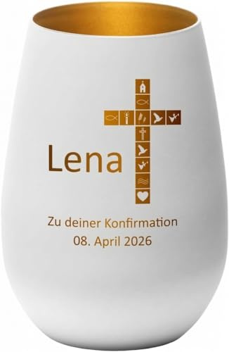 4you Design Windlicht Kreuz mit Namen, Datum graviert (Metall-Weiß-Gold) Geschenk zur Konfirmation, Teelichthalter für Patenkinder, Personalisierte Geschenkidee