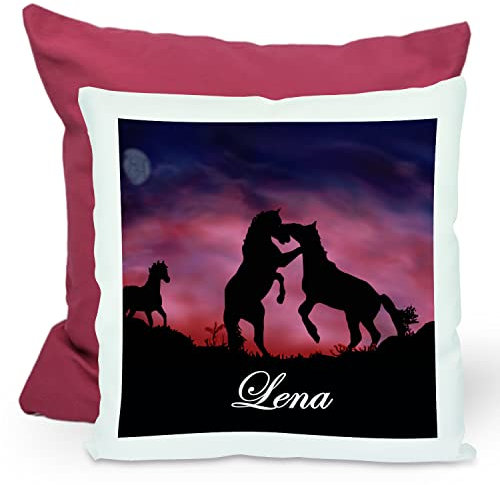 CreaDesign, Kinder Kissen 40x40 cm personalisiert mit Namen, Kinderzimmer Deko Kissen Kinder mit Füllung Federn, Motiv Pferde, Rückenfarbe Lila