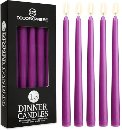 DECO EXPRESS Stabkerzen Set 6er, 10, 15 oder 50er, Lange Brenndauer bis zu 8 Std, Geruchslos(Lila, 15-er Set)