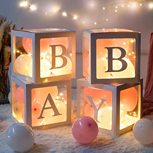 Scatole Decorazioni Baby Shower Ragazze, 30 Palloncini Rosa Bianchi, 4 Scatole Palloncini Trasparenti con 4 Fili Luminosi e 33 Lettere (BABY+ONE+A-Z), Baby Box per Baby Shower, Decorazioni Compleanno