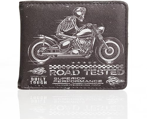 Shag Wear Portafoglio Uomo con 9 scomparti, 6 Slot per Carte Credito, 1 Tasca Portamonete con cerniera, 1 Scomparti Banconote, Portacarte di Credito - Uomo Confezione Regalo - motocicletta teschio