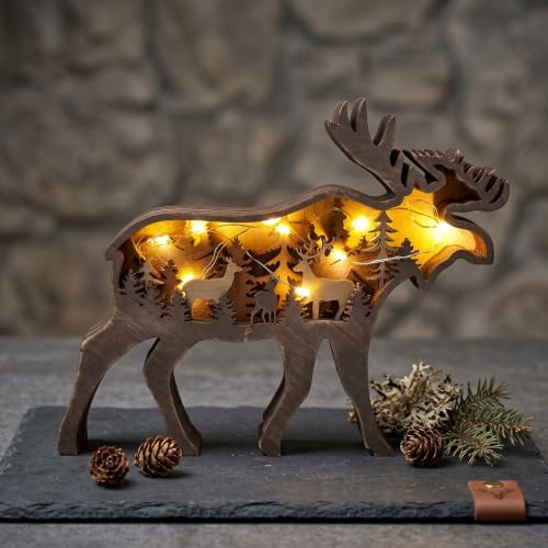 Drawelry 3D Holz Elch Statue Holzschnitzerei Ornamente mit LED Nachtlicht Waldtiere Berg Holzskulptur Kunsthandwerk Dekoration für Heim Büro Schlafzimmer Wohnzimmer Tisch Wandkunst Dekor (Elch)