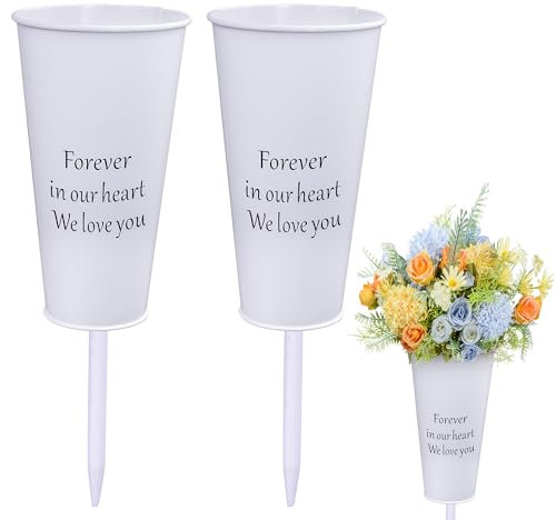 Metal Cemetery Vases, 2 Pieces Metal Grave Memorial Grave Vases with Stakes Graveside Flower Holder Grave Flower Vase for Grave Outdoor Lawn Yard Funeral Decorations (2Pcs-White)