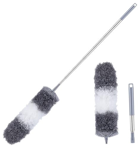 Cabilock Microfiber Duster with 1.4m Extension Pole, Flexible Long Reach Dust Cleaner for Ceiling Fans and High Ceilings, Home Cleaning Tool with White and Gray Bristles Random Style