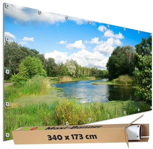 TRIOSK Sichtschutz Garten Dekoration Plane groß mit Natur Motiv Fluss Ufer Wasser Wiese Motivbanner blickdicht für Terrasse Zaun Gartenzaun Gartenposter PVC Zaunblende 340x173 cm