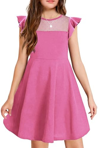 Arshiner Vestido para niñas de Verano con Mangas con Volantes de Malla en Forma de A, Vestidos de Fiesta Casuales con Bolsillos de 6 a 13 años
