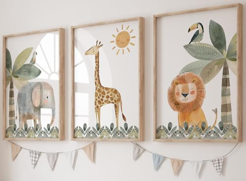 Eviepops Prints Cute Safari Animals Set of 3 Unframed Prints for Baby Girl or Boy Nursery Bedroom Playroom, Nursery Décor, Watercolour Jungle Wall Art, Giraffe Elephant Lion Parrot Toucan (A4)