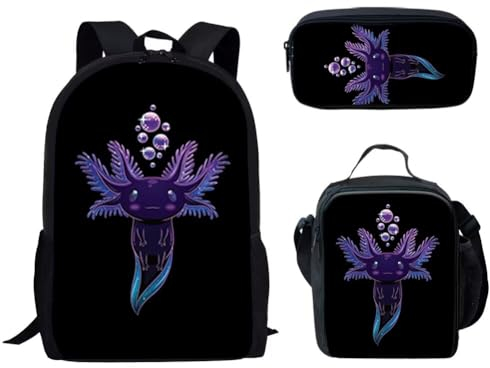 HUGS IDEA Ensemble cartable pour enfants - Sac à dos décontracté avec boîte à déjeuner et trousse à crayons pour garçons et filles, Adorable Axolotl.