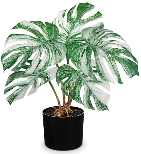 Arborus Large Artificial Monstera Plants Indoors 48cm Tall Faux Monstera Plant in Black Pot Fake White Plant Potted Artificial House Plants for Bathroom Living Room Home Office Table Decoration