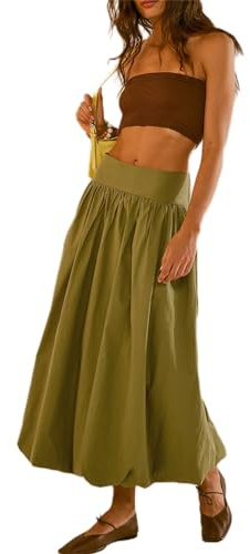 Nicoxijia Bubble Maxi Skirts for Women Low Elastic Waist A Line Long Skirt Summer Casual Ruffle Pleated Balloon Midi Dress (Green, S)